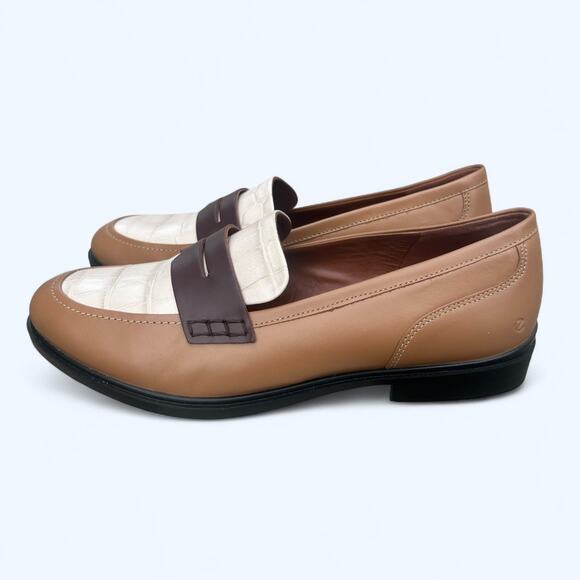 Ecco Dress Classic 15 Brown Cream Crocodile Slip on Penny Loafer Women's 40 NEW - Picture 11 of 12